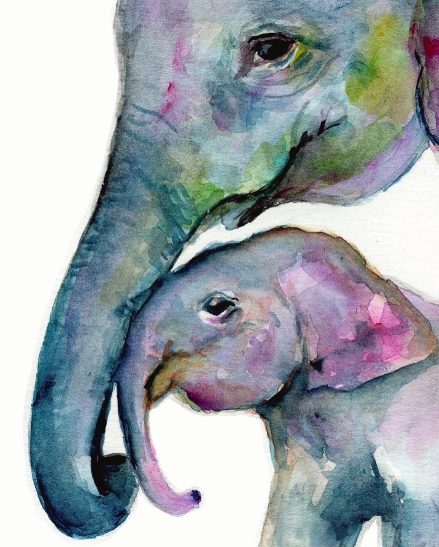 Elephant Mama (Papa) & Baby Art Print by Watercolour