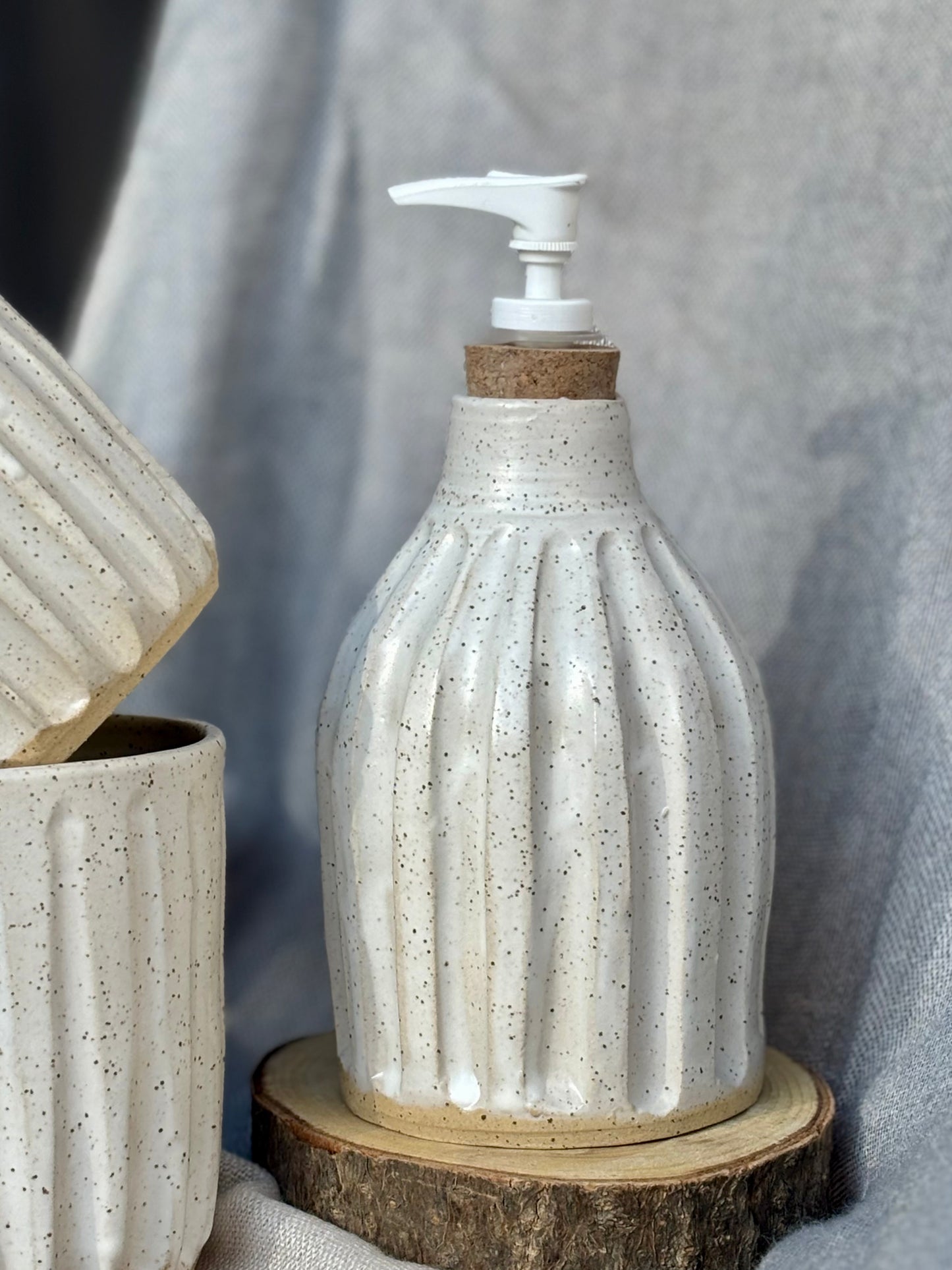 White Speckled Carved Soap Dispenser