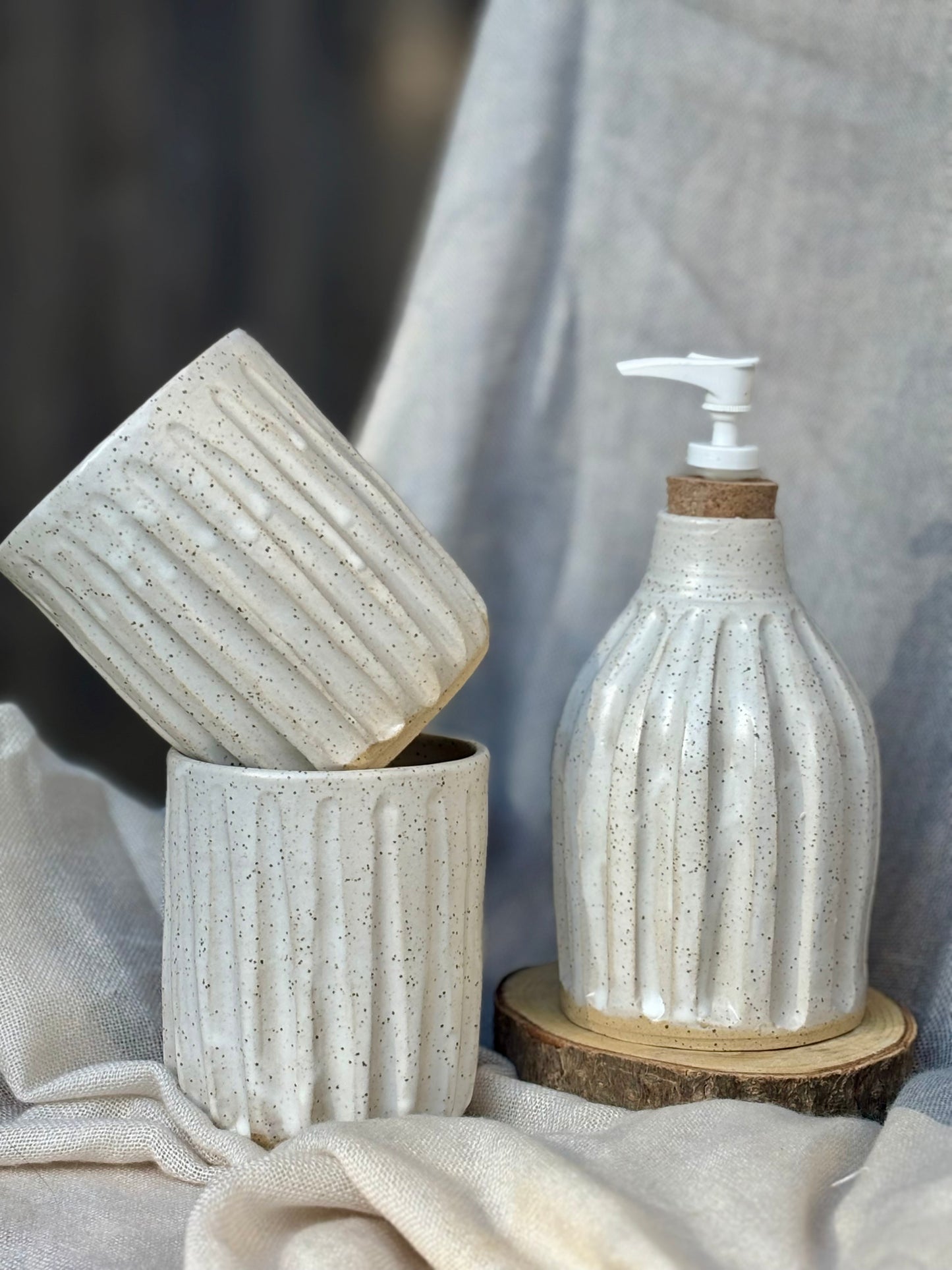 White Speckled Carved Soap Dispenser